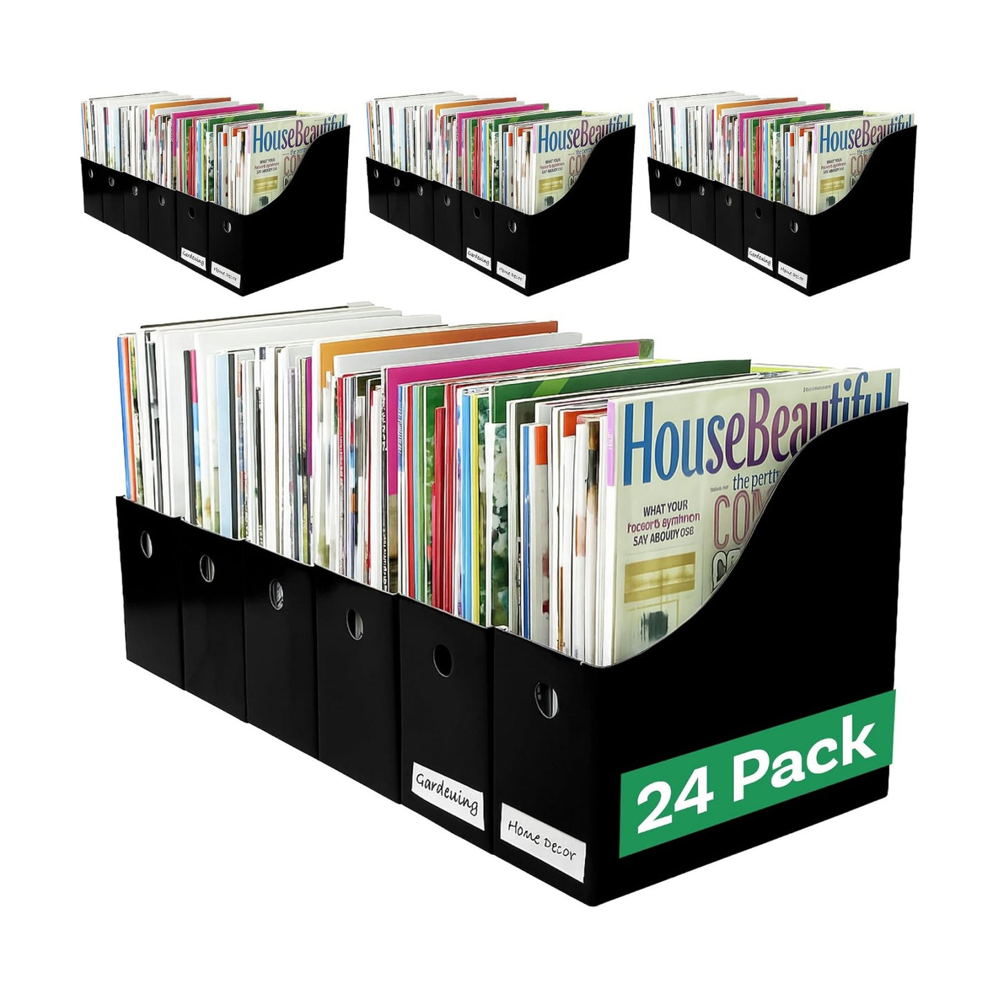 Evelots Magazine File Holder Set, Black Cardboard Office Organizer, 24-Pack | Set of 24 black cardboard magazine