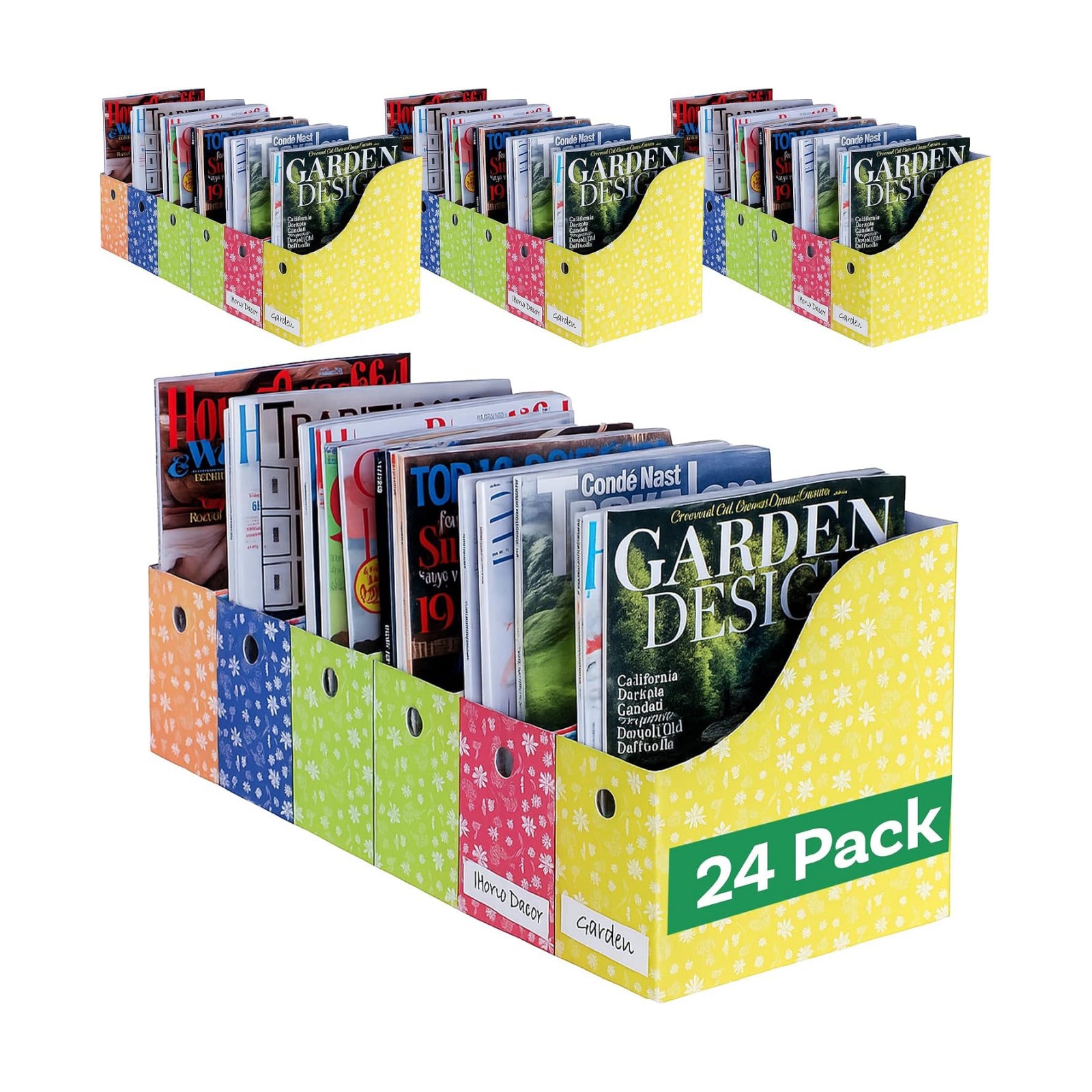 Evelots Magazine File Holder - Set of 24 Floral - Office Desk Organizer - Sturdy Cardboard - New Upgraded Double Front