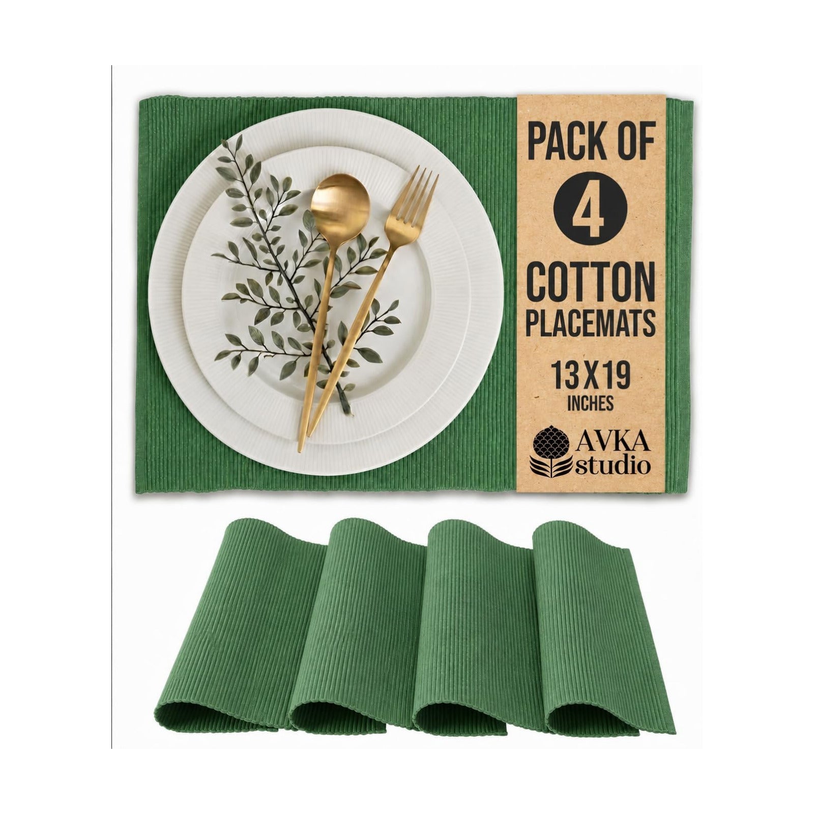 100% Cotton Ribbed Placemats - Set of 4-13 x 19 Inches - Green - Everyday/Christmas Cloth Table Mats - Thick