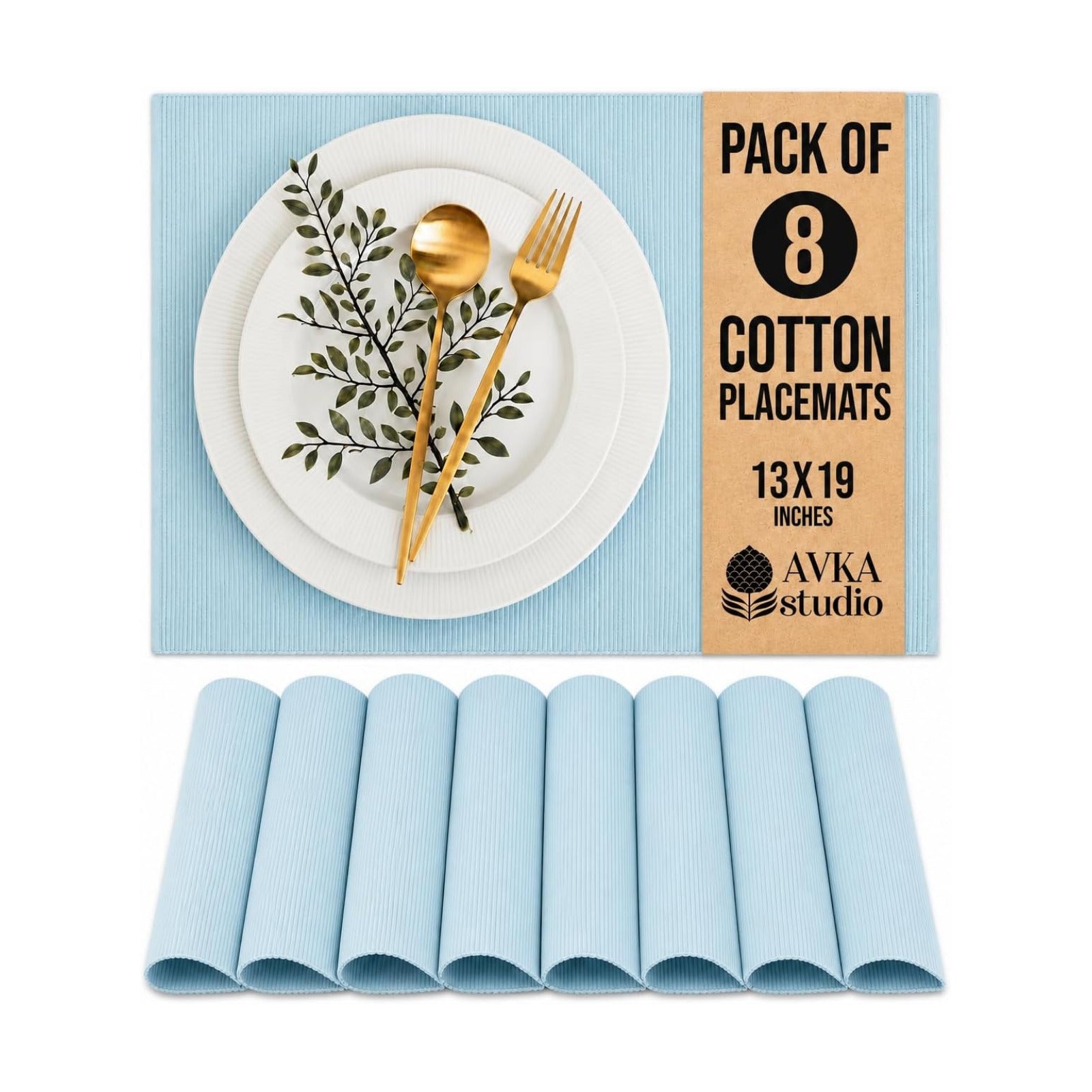 100% Cotton Ribbed Placemats - Set of 8-13 x 19 Inches - Light Blue - Everyday Cloth Table Mats - Thick Construction