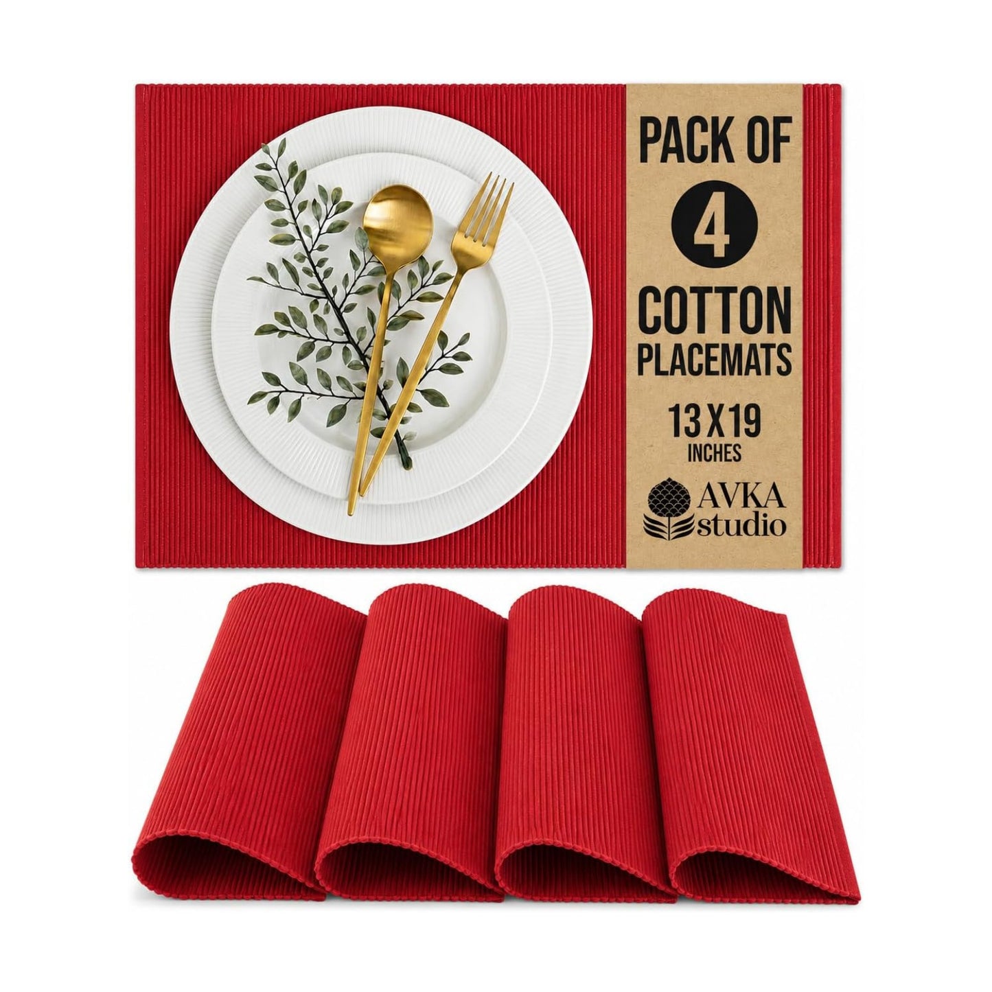 100% Cotton Ribbed Placemats - Set of 4-13 x 19 - Red - Everyday/Christmas/Valentines Fabric Table Mats - Thick