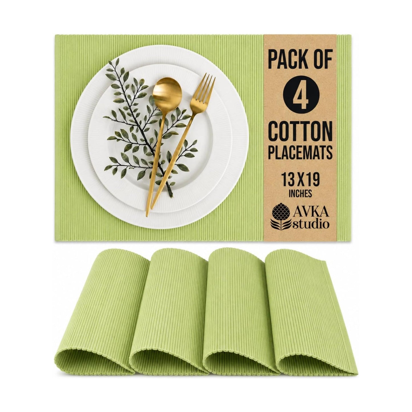 100% Cotton Ribbed Placemats - Set of 4-13 x 19 Inches - Light Lime Green - Everyday Cloth Table Mats - Thick