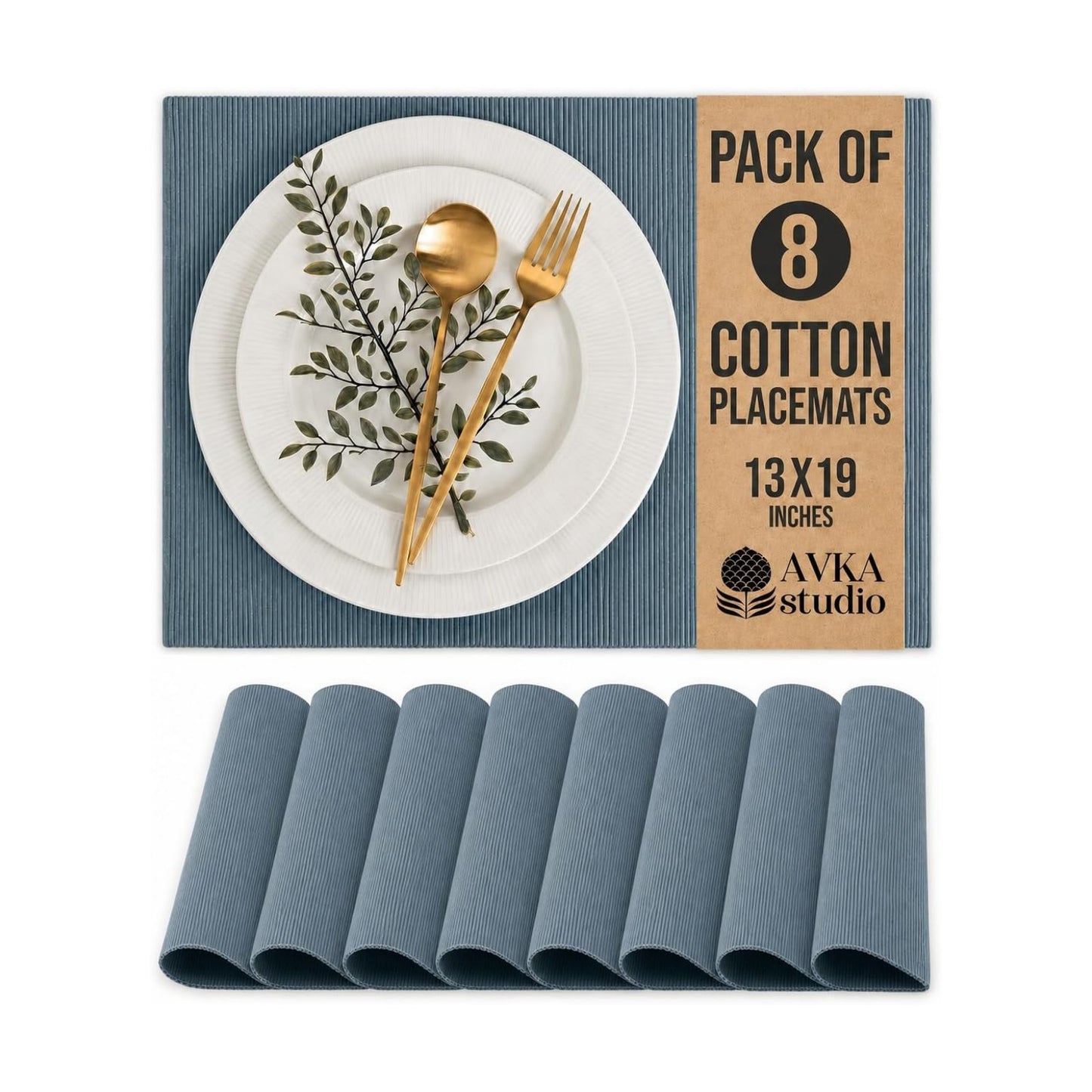 100% Cotton Ribbed Placemats - Set of 8-13 x 19 Inches - Grey - Everyday Cloth Table Mats - Thick Construction