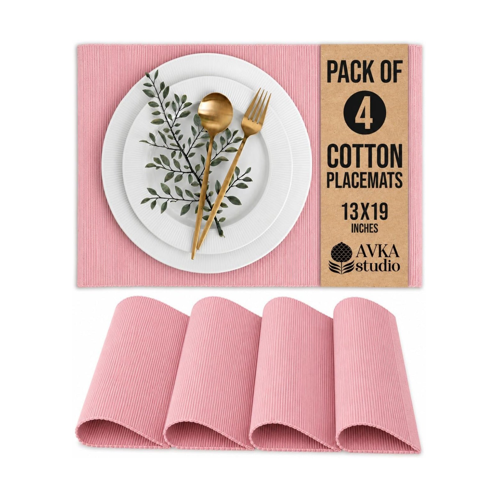 100% Cotton Ribbed Placemats - Set of 4-13 x 19 Inches - Dull Pink - Everyday Basic Cloth Table Mats - Thick