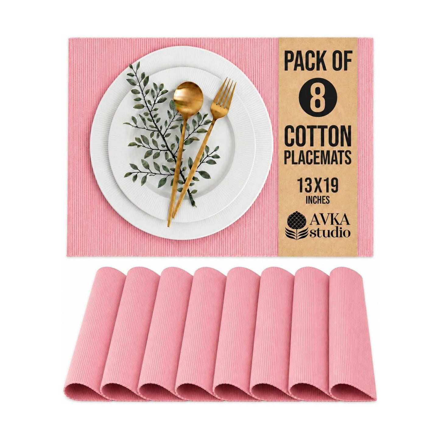 100% Cotton Ribbed Placemats - Set of 8-13 x 19 Inches - Dull Pink - Everyday Basic Cloth Table Mats - Thick