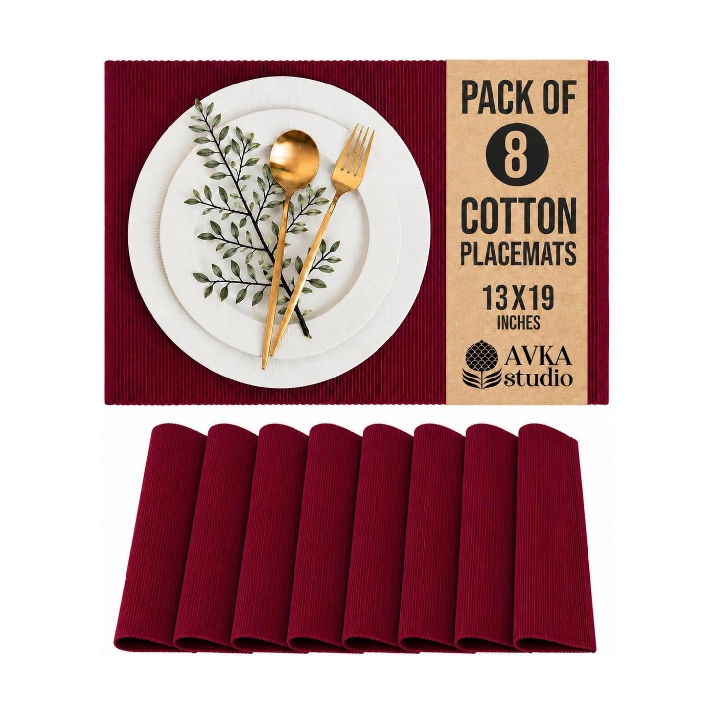 100% Cotton Ribbed Placemats - Set of 8-13 x 19 Inches - Maroon/Burgundy/Dark Red - Everyday/Fall Cloth Table Mats