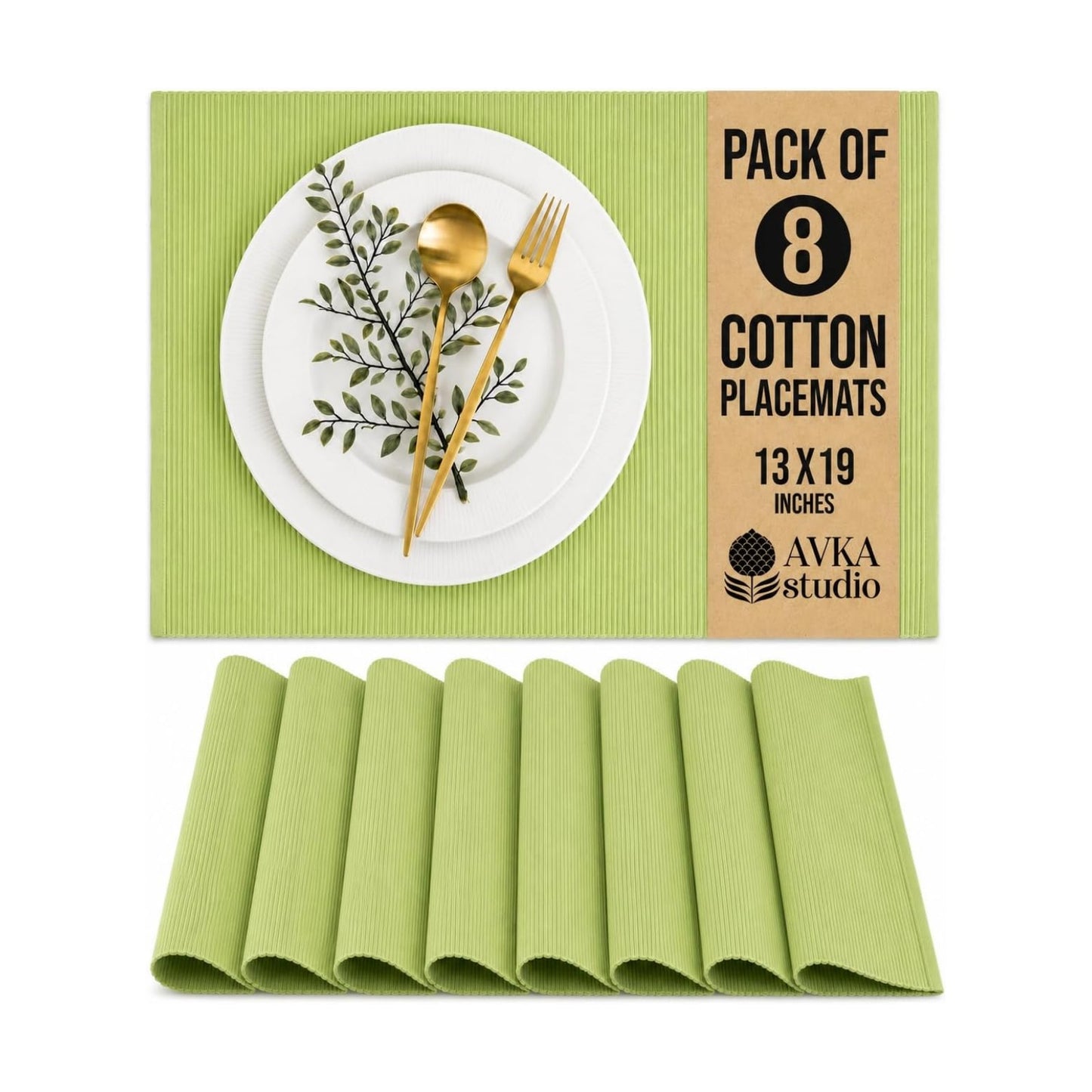 100% Cotton Ribbed Placemats - Set of 8-13 x 19 Inches - Light Lime Green - Everyday Cloth Table Mats - Thick