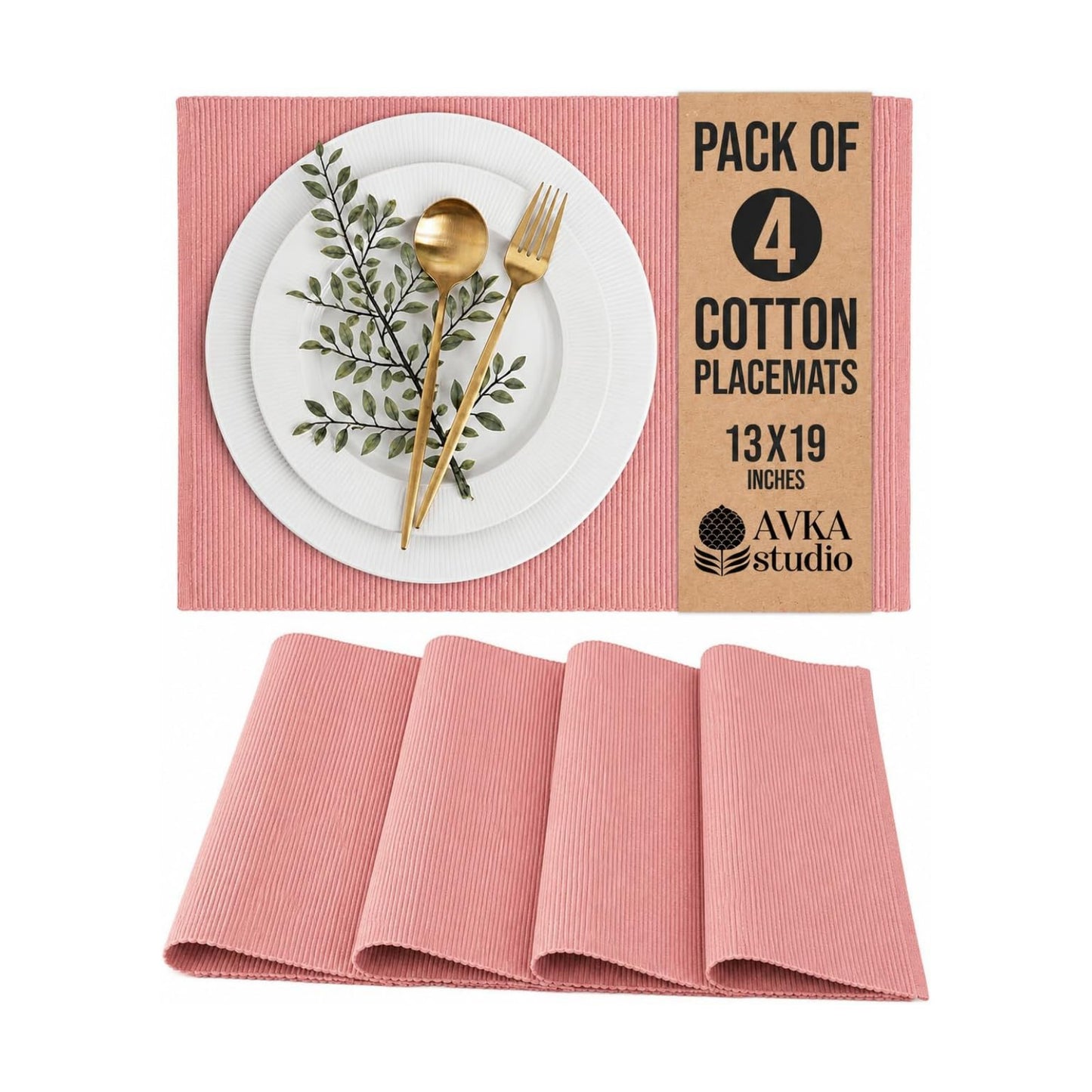 100% Cotton Ribbed Placemats - Set of 4-13 x 19 Inches - Peach - Everyday Cloth Table Mats - Thick Construction