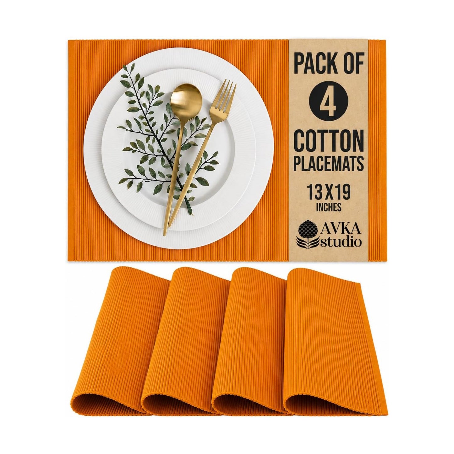 100% Cotton Ribbed Placemats - Set of 4-13 x 19 Inches - Orange - Everyday/Fall/Thanksgiving/Halloween Cloth Table Mats