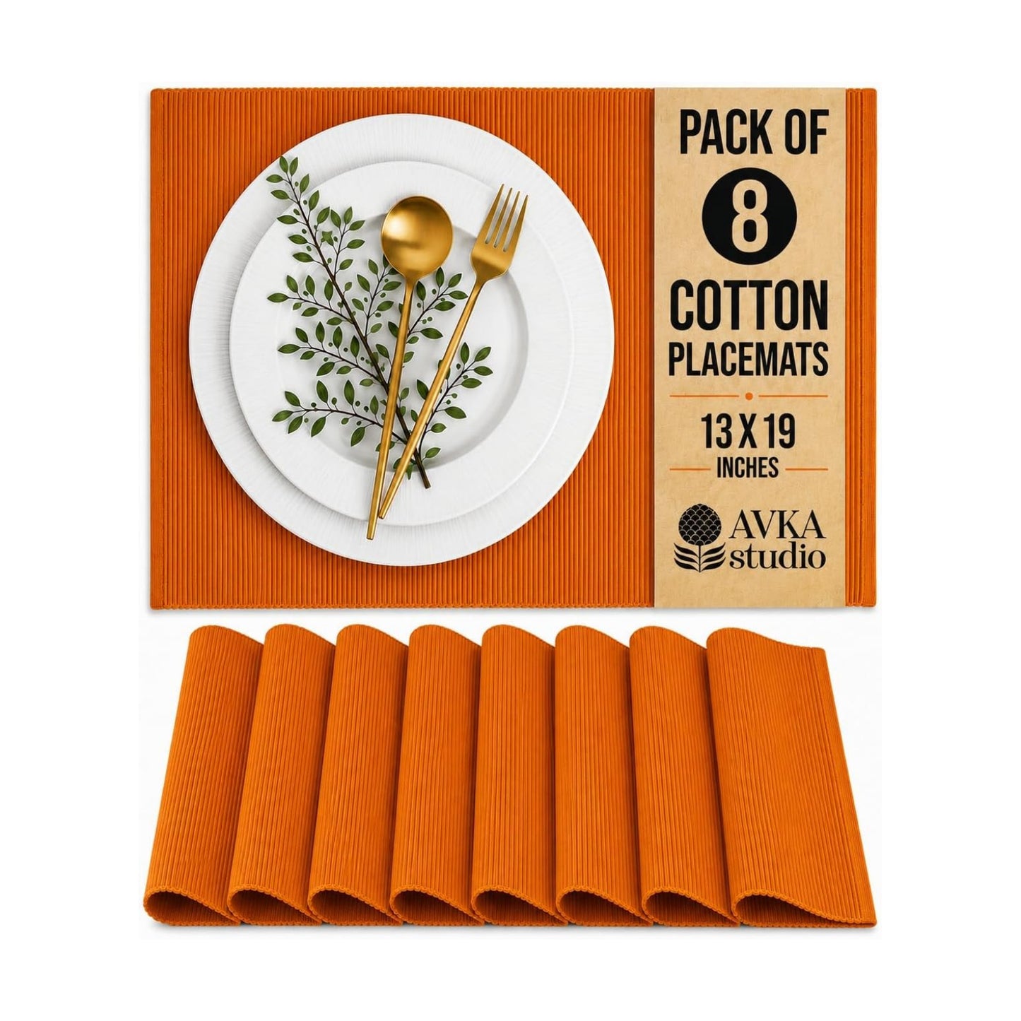 100% Cotton Ribbed Placemats - Set of 8-13 x 19 Inches - Orange - Everyday/Fall/Thanksgiving/Halloween Cloth Table Mats
