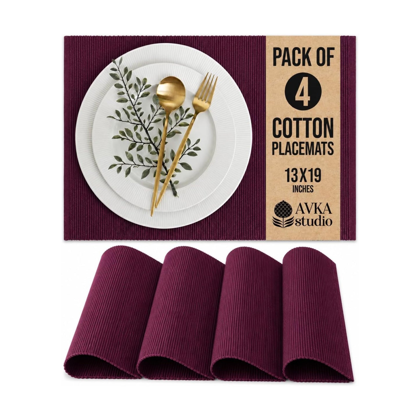 100% Cotton Ribbed Placemats - Set of 4-13 x 19 Inches - Wine - Everyday Cloth Table Mats - Thick Construction