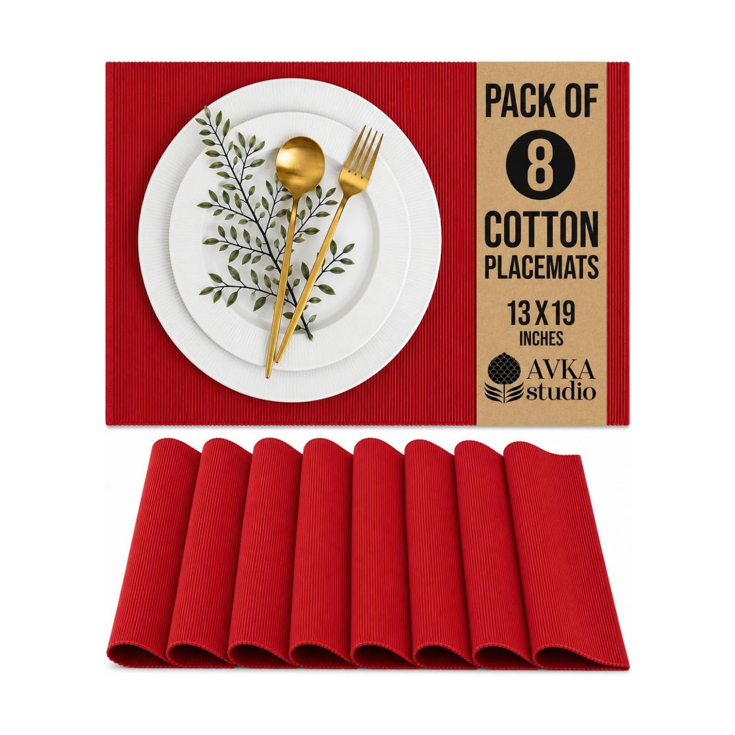 100% Cotton Ribbed Placemats - Set of 8-13 x 19 - Red - Everyday/Christmas/Valentines Fabric Table Mats - Thick