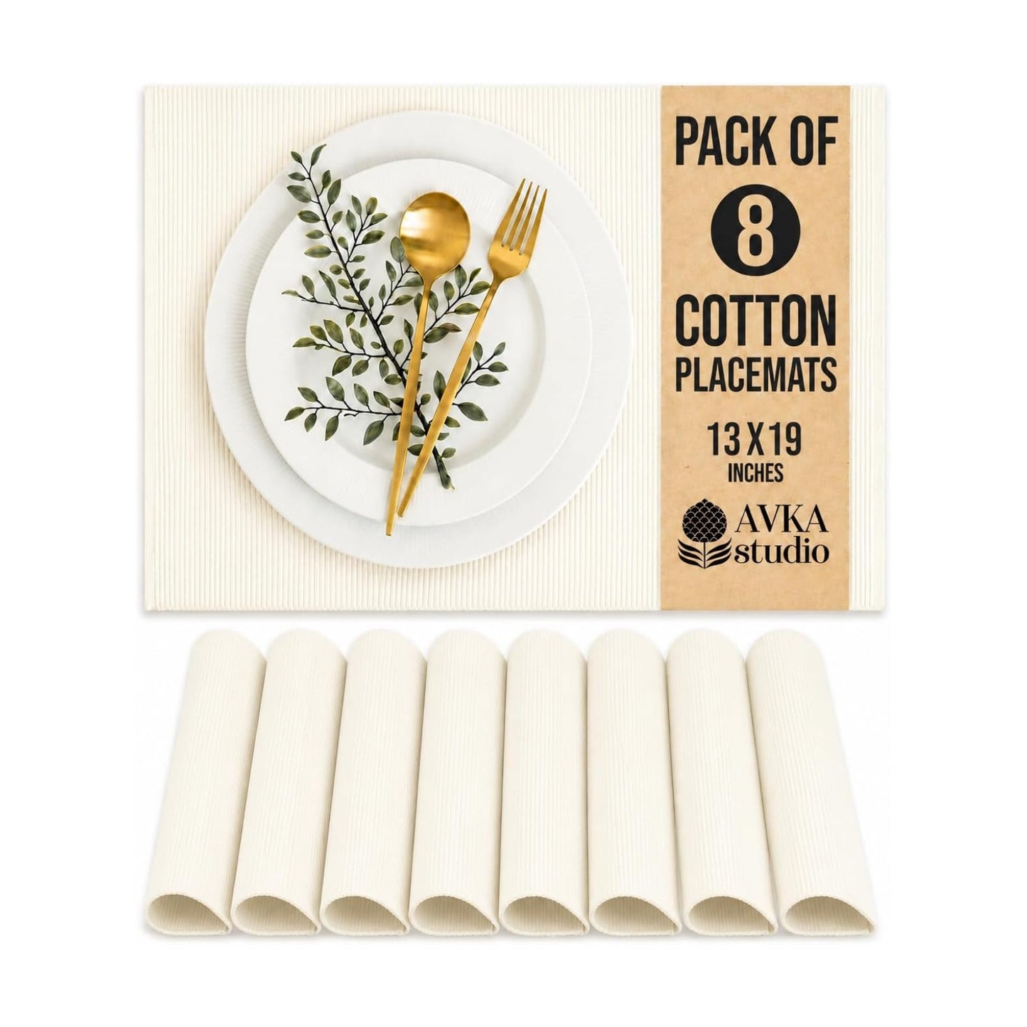 100% Cotton Ribbed Placemats - Set of 8-13 x 19 Inches - Off White - Everyday Cloth Table Mats - Thick Construction