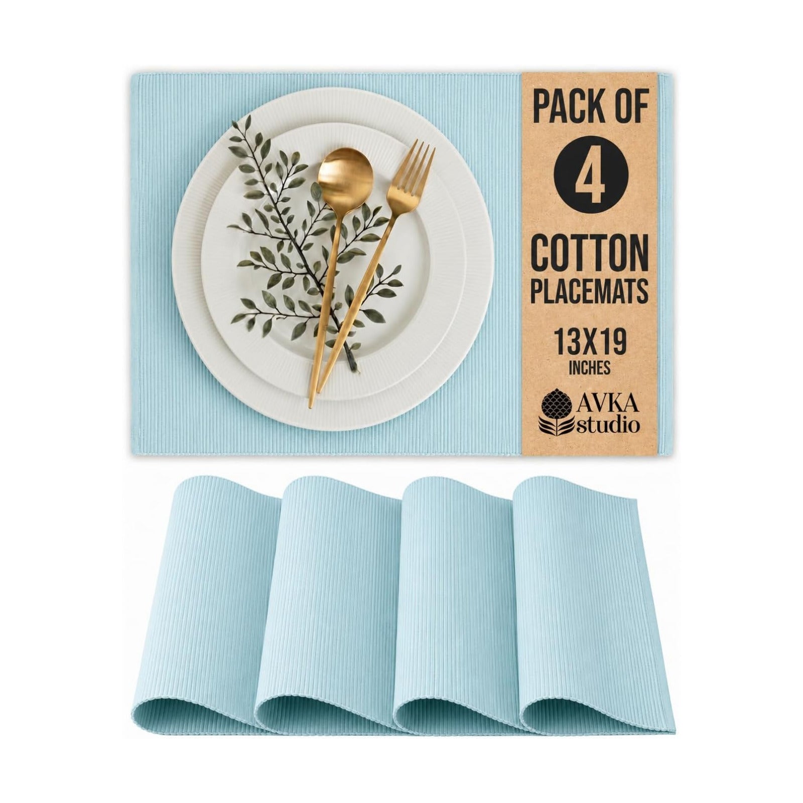 100% Cotton Ribbed Placemats - Set of 4-13 x 19 Inches - Light Blue - Everyday Cloth Table Mats - Thick Construction