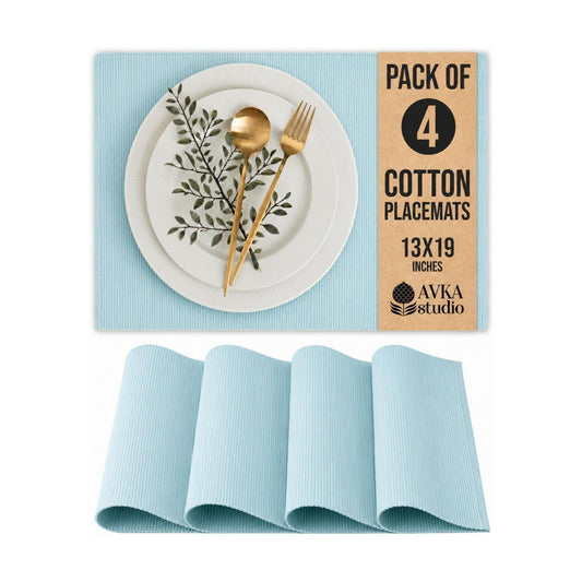 100% Cotton Ribbed Placemats - Set of 4-13 x 19 Inches - Light Blue - Everyday Cloth Table Mats - Thick Construction