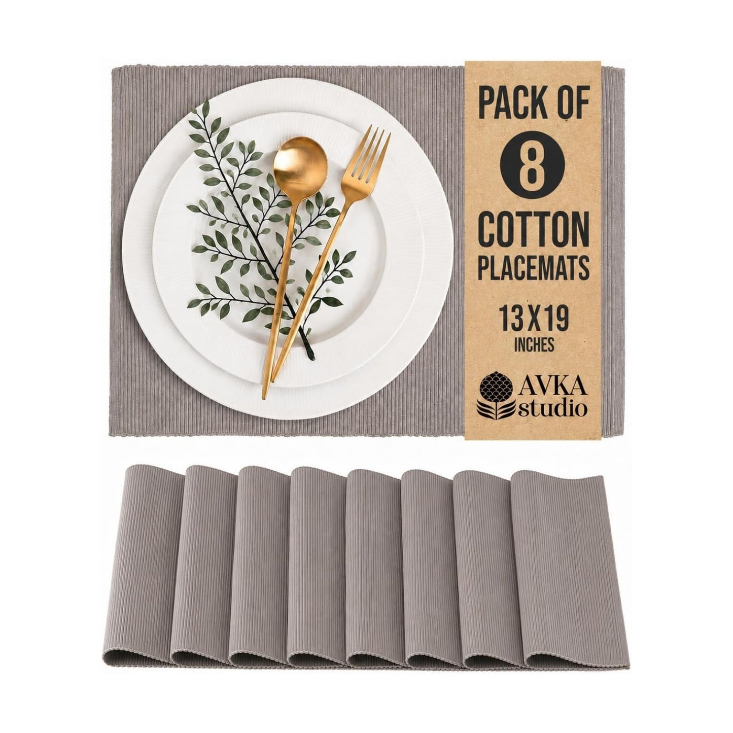 100% Cotton Ribbed Placemats - Set of 8-13 x 19 Inches - Taupe - Everyday Cloth Table Mats - Thick Construction