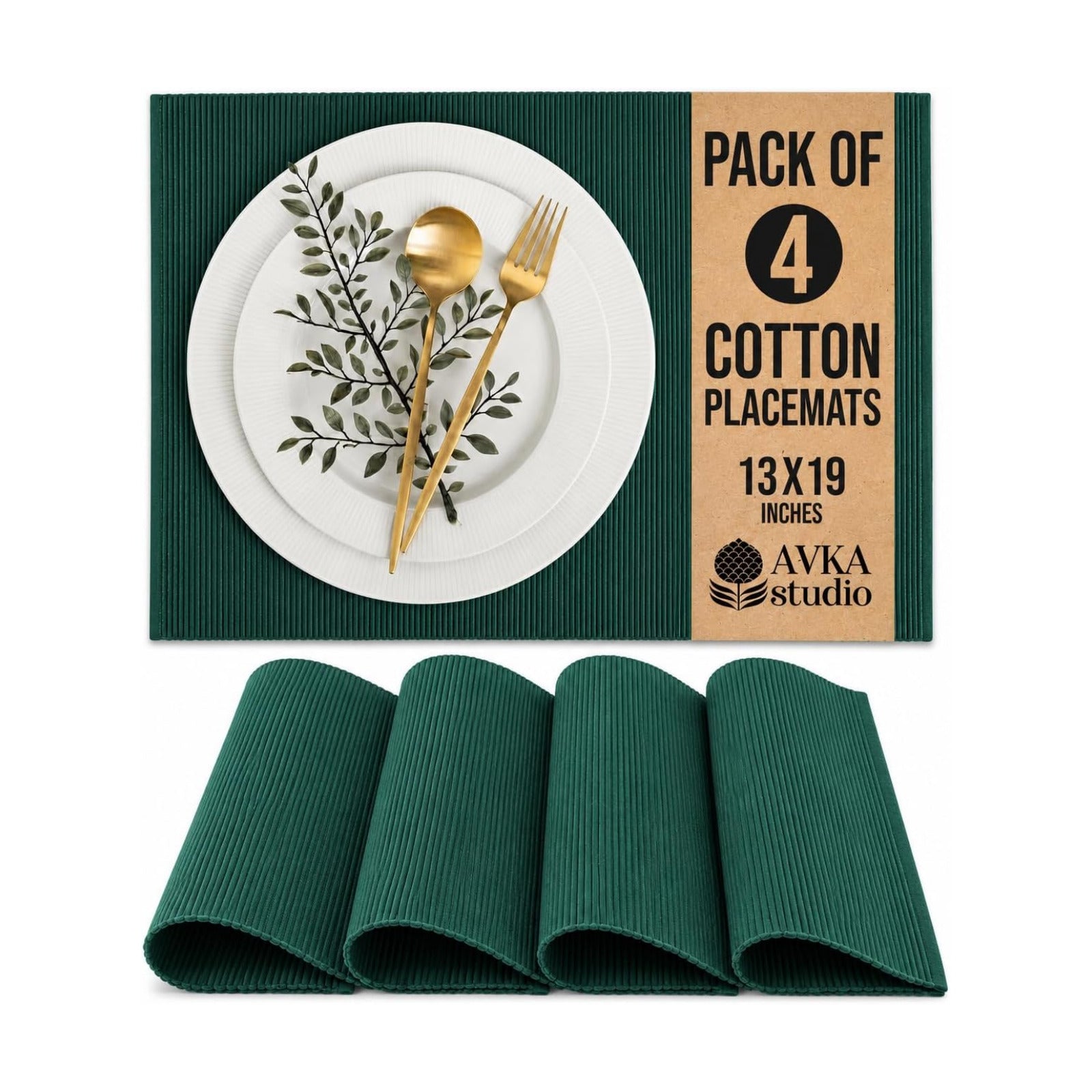 100% Cotton Ribbed Placemats - Set of 4-13 x 19 Inches - Peacock Green - Everyday Cloth Table Mats - Thick