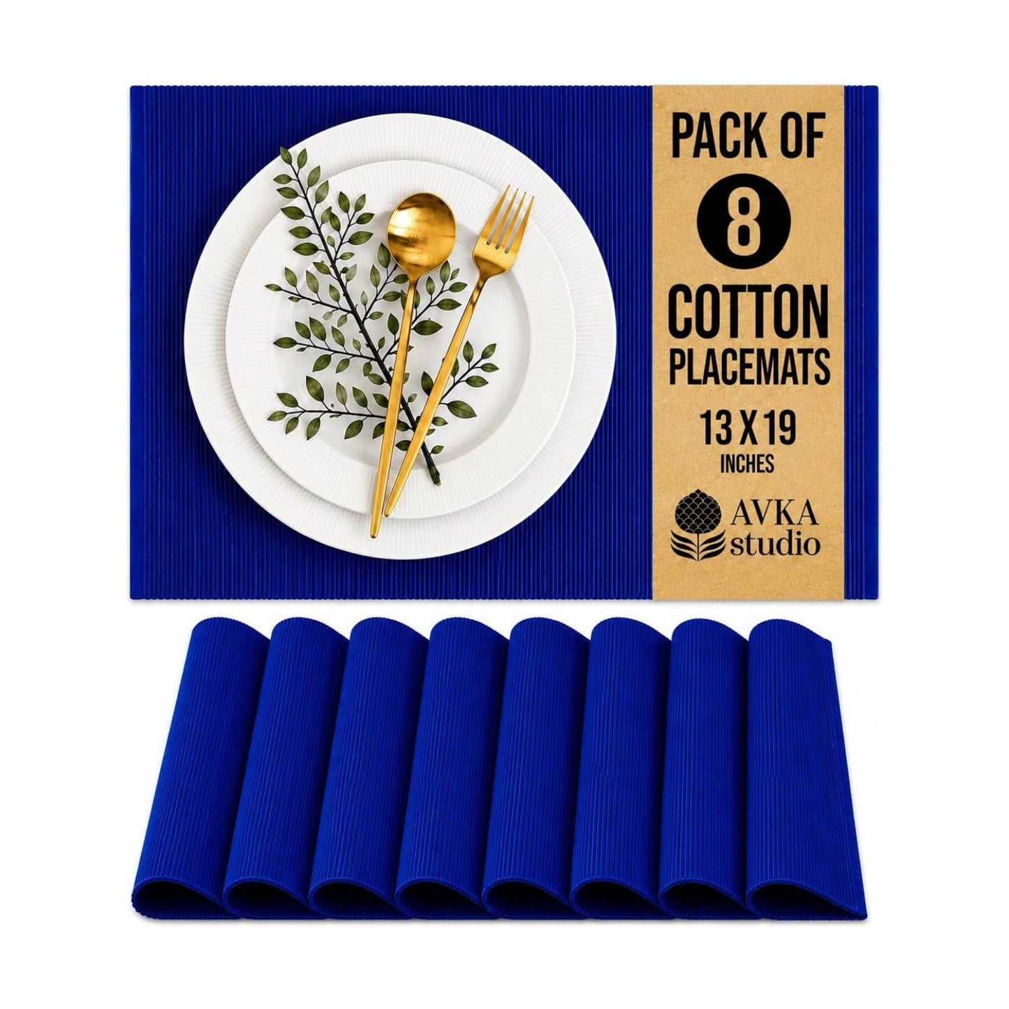 100% Cotton Ribbed Placemats - Set of 8-13 x 19 Inches - Royal Blue - Everyday Cloth Table Mats - Thick Construction