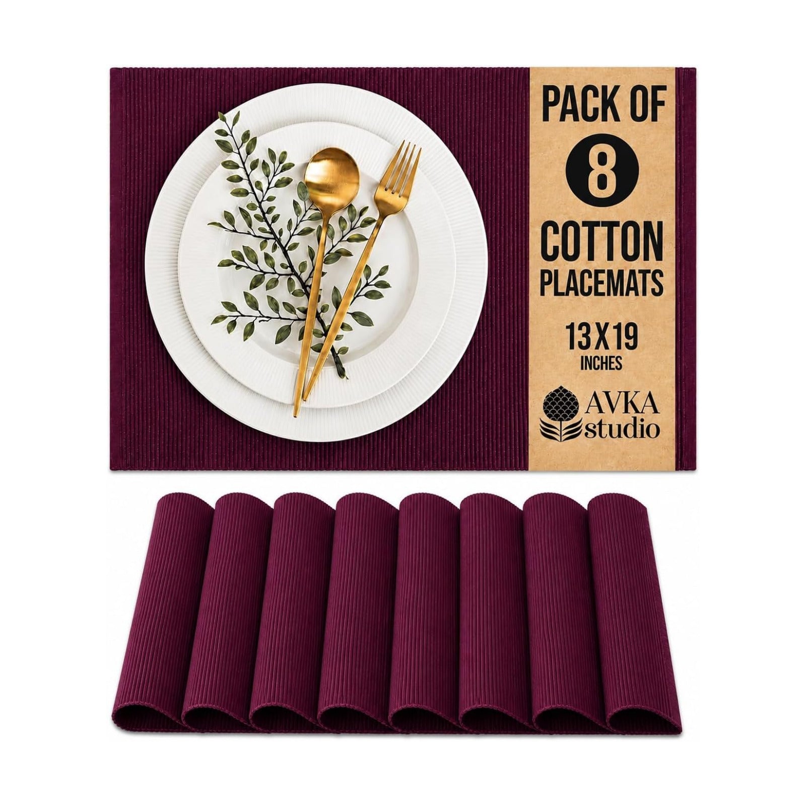 100% Cotton Ribbed Placemats - Set of 8-13 x 19 Inches - Wine - Everyday Cloth Table Mats - Thick Construction