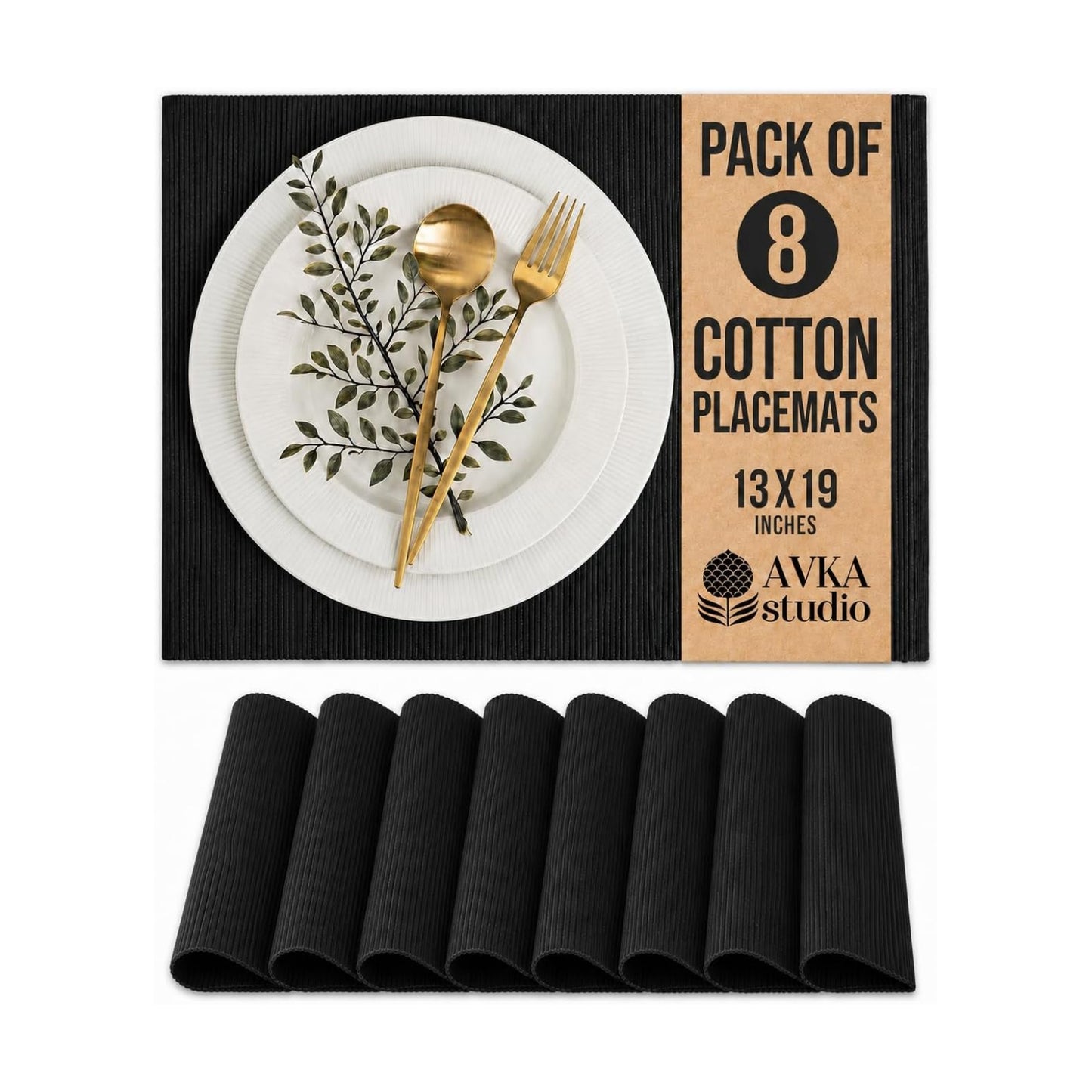 100% Cotton Ribbed Placemats - Set of 8-13 x 19 Inches - Black - Everyday Cloth Table Mats - Thick Construction