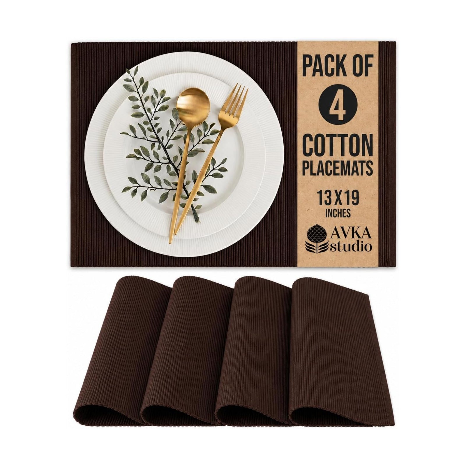100% Cotton Ribbed Placemats - Set of 4-13 x 19 Inches - Brown - Everyday/Thanksgiving/Fall Cloth Table Mats - Thick