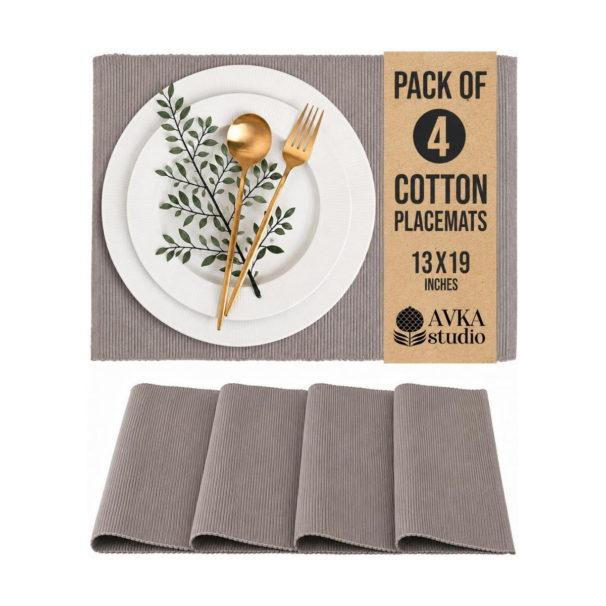 100% Cotton Ribbed Placemats - Set of 4-13 x 19 Inches - Taupe - Everyday Cloth Table Mats - Thick Construction