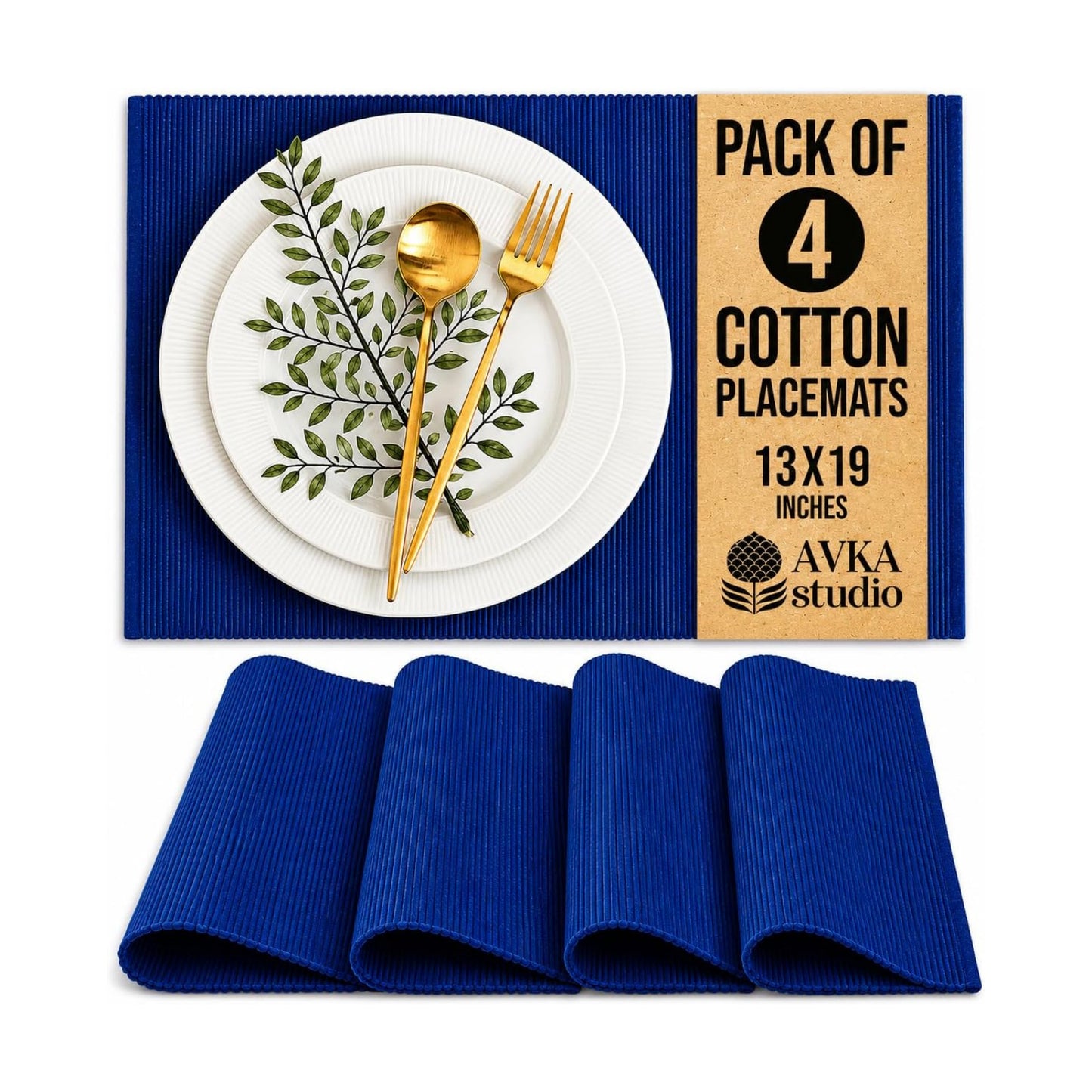 100% Cotton Ribbed Placemats - Set of 4-13 x 19 Inches - Royal Blue - Everyday Cloth Table Mats - Thick Construction