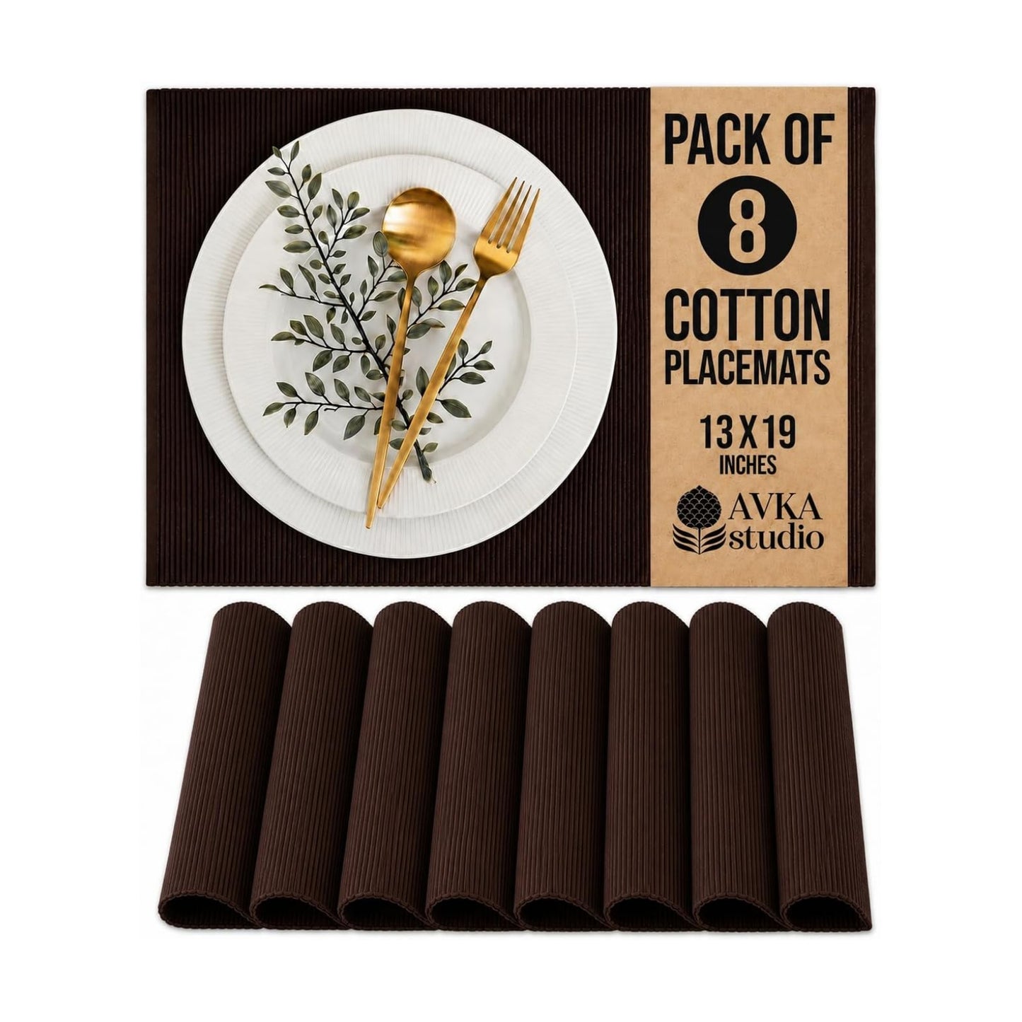 100% Cotton Ribbed Placemats - Set of 8-13 x 19 Inches - Brown - Everyday/Thanksgiving/Fall Cloth Table Mats - Thick