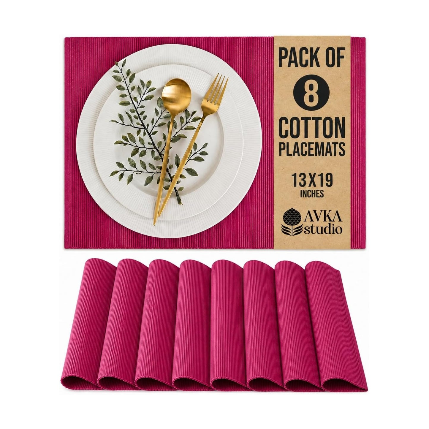 100% Cotton Ribbed Placemats - Set of 8-13 x 19 Inches - Fuchsia/Bright Pink - Everyday Basic Fabric Table Mats - Thick