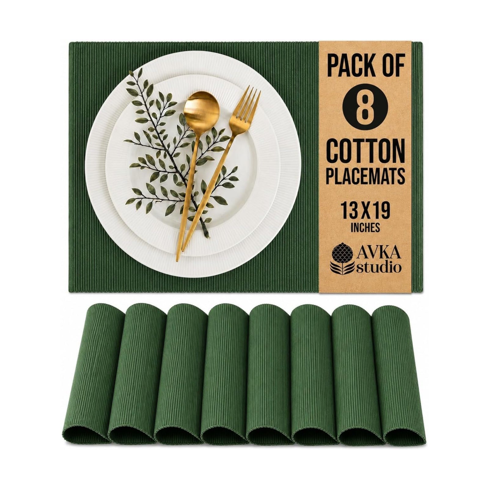 100% Cotton Ribbed Placemats - Set of 8-13 x 19 Inches - Green - Everyday/Christmas Cloth Table Mats - Thick