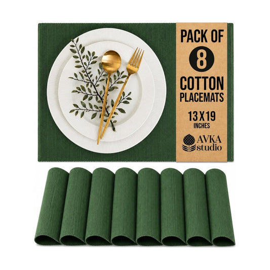 100% Cotton Ribbed Placemats - Set of 8-13 x 19 Inches - Green - Everyday/Christmas Cloth Table Mats - Thick