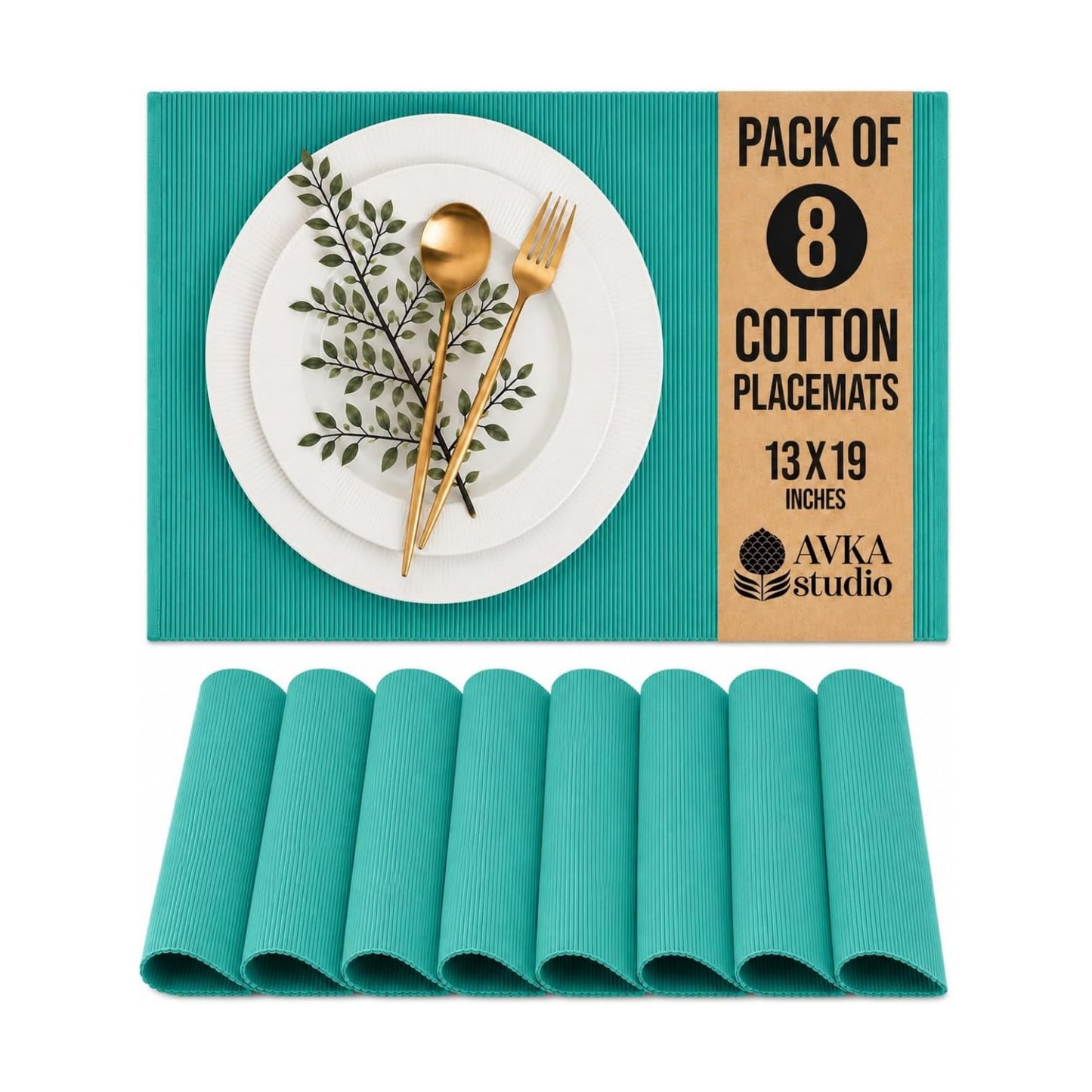 100% Cotton Ribbed Placemats - Set of 8-13 x 19 Inches - Turquoise Blue - Everyday Cloth Table Mats - Thick