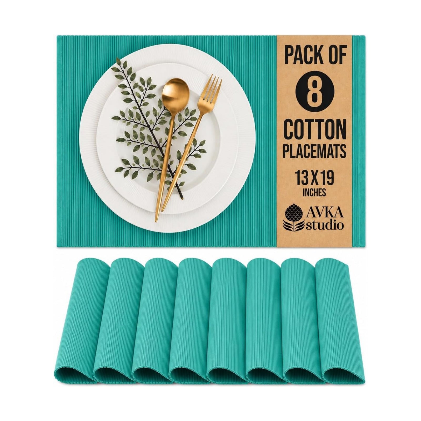 100% Cotton Ribbed Placemats - Set of 8-13 x 19 Inches - Turquoise Blue - Everyday Cloth Table Mats - Thick