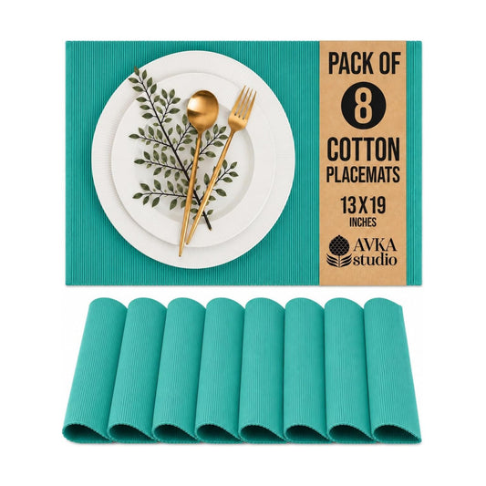 100% Cotton Ribbed Placemats - Set of 8-13 x 19 Inches - Turquoise Blue - Everyday Cloth Table Mats - Thick