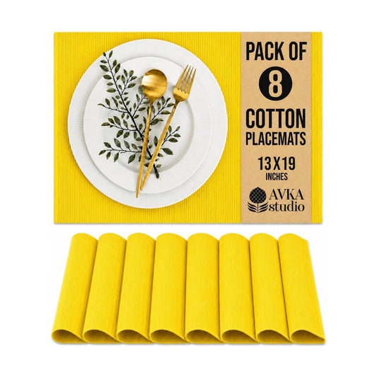 100% Cotton Ribbed Placemats - Set of 8-13 x 19 Inches - Yellow - Everyday/Thanksgiving/Fall Thick Construction Fabric