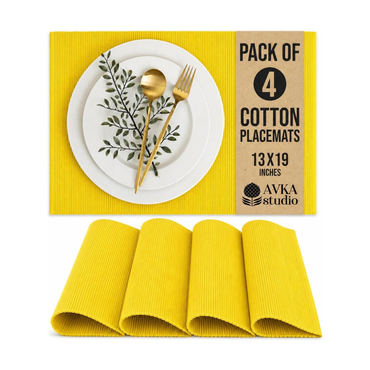 100% Cotton Ribbed Placemats - Set of 4-13 x 19 Inches - Yellow - Everyday/Thanksgiving/Fall Thick Construction Fabric