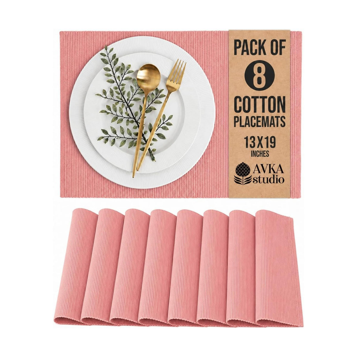 100% Cotton Ribbed Placemats - Set of 8-13 x 19 Inches - Peach - Everyday Cloth Table Mats - Thick Construction