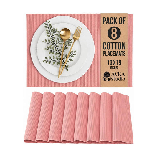 100% Cotton Ribbed Placemats - Set of 8-13 x 19 Inches - Peach - Everyday Cloth Table Mats - Thick Construction