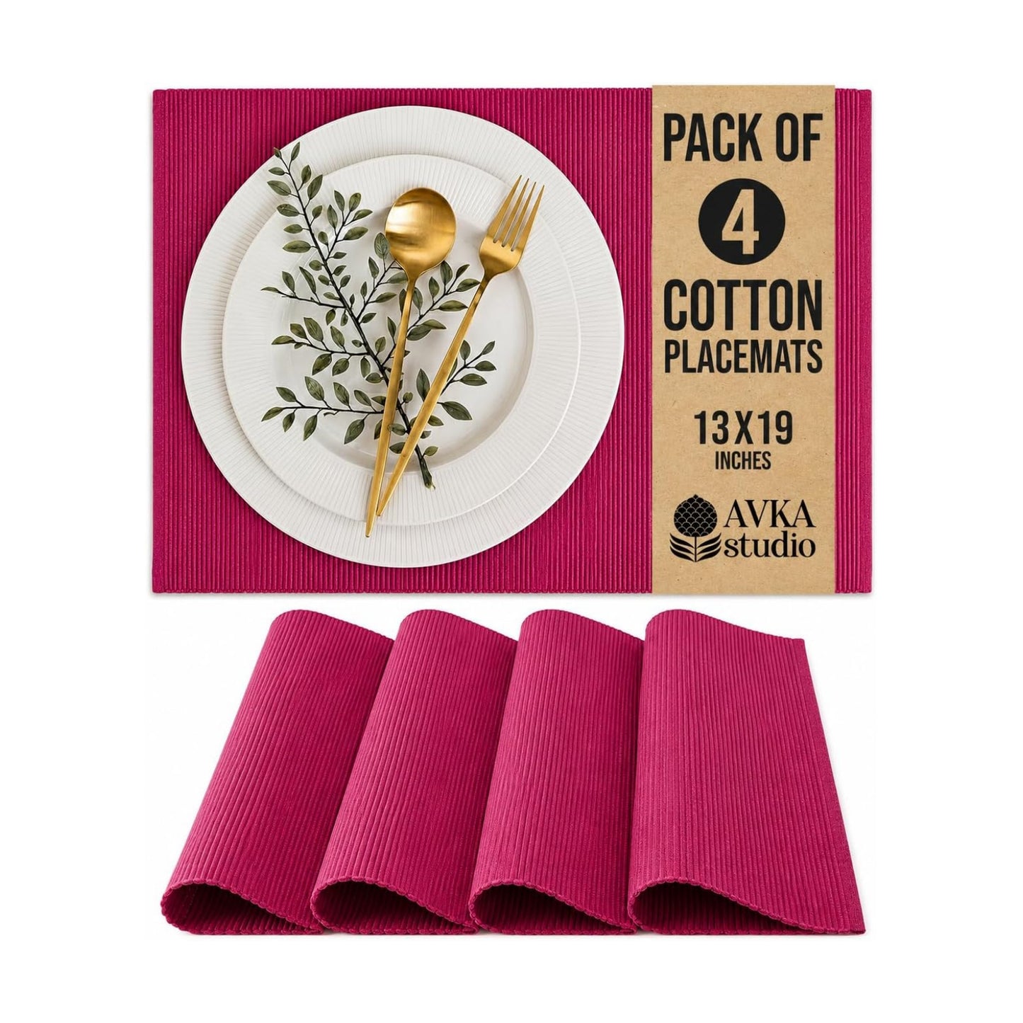 100% Cotton Ribbed Placemats - Set of 4-13 x 19 Inches - Fuchsia/Bright Pink - Everyday Basic Fabric Table Mats - Thick