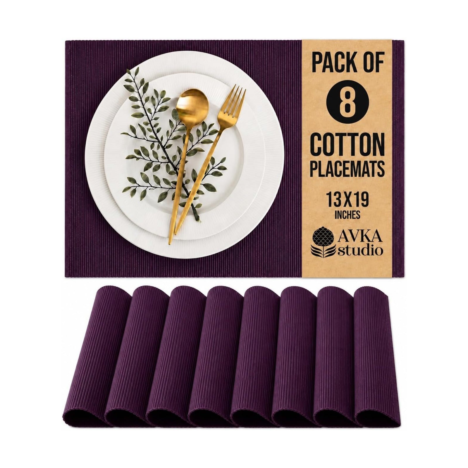 100% Cotton Ribbed Placemats - Set of 8-13 x 19 Inches - Dark Purple - Everyday Cloth Table Mats - Thick Construction