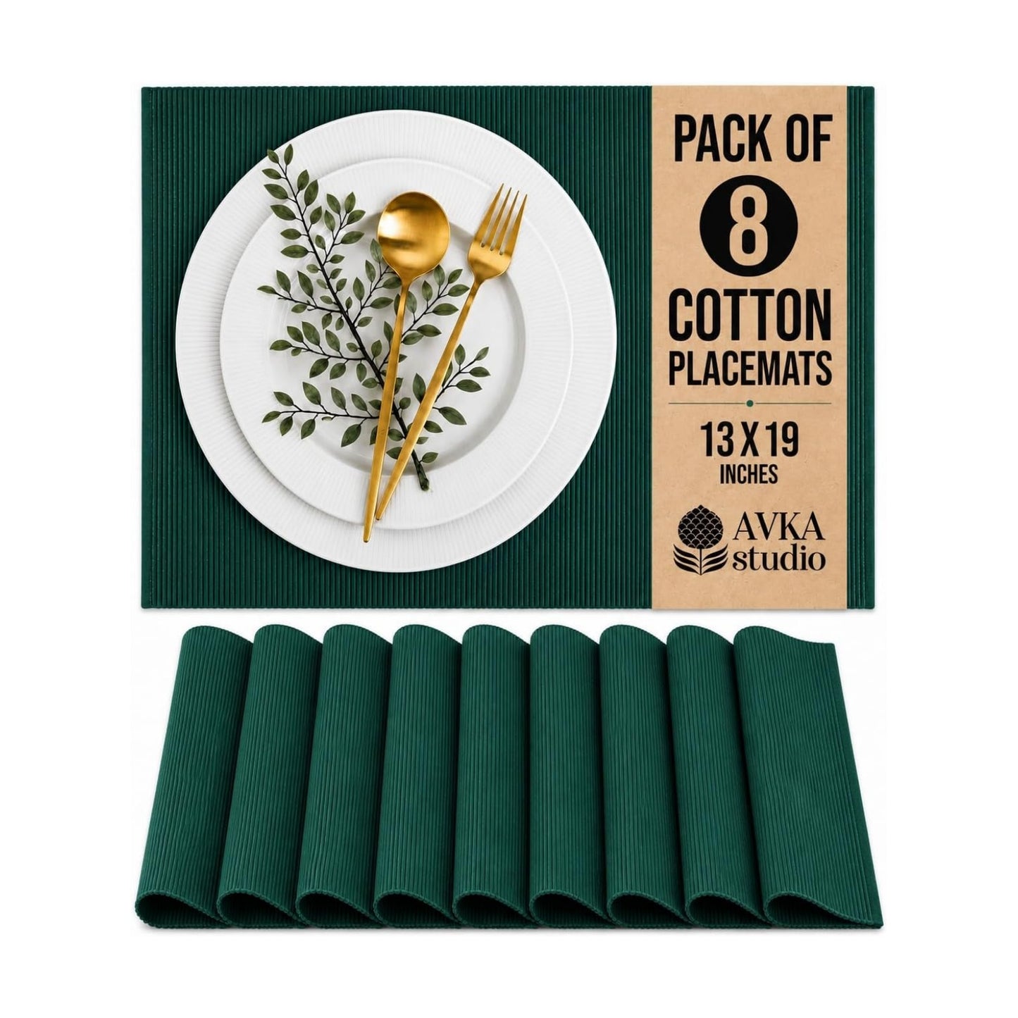 100% Cotton Ribbed Placemats - Set of 8-13 x 19 Inches - Peacock Green - Everyday Cloth Table Mats - Thick