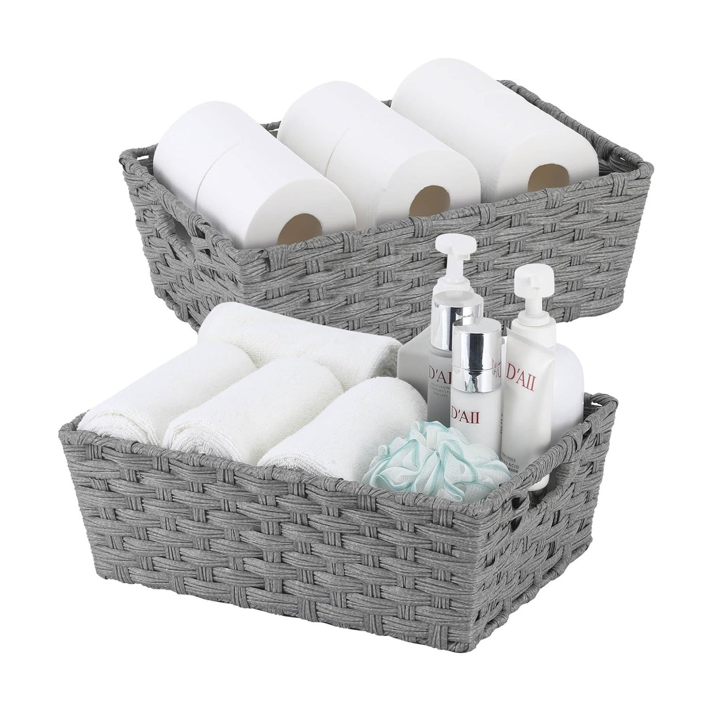 Metal Frame / Large Wicker Storage Basket / 15 x 10.3 x 5.2 / Grey / Set of 2