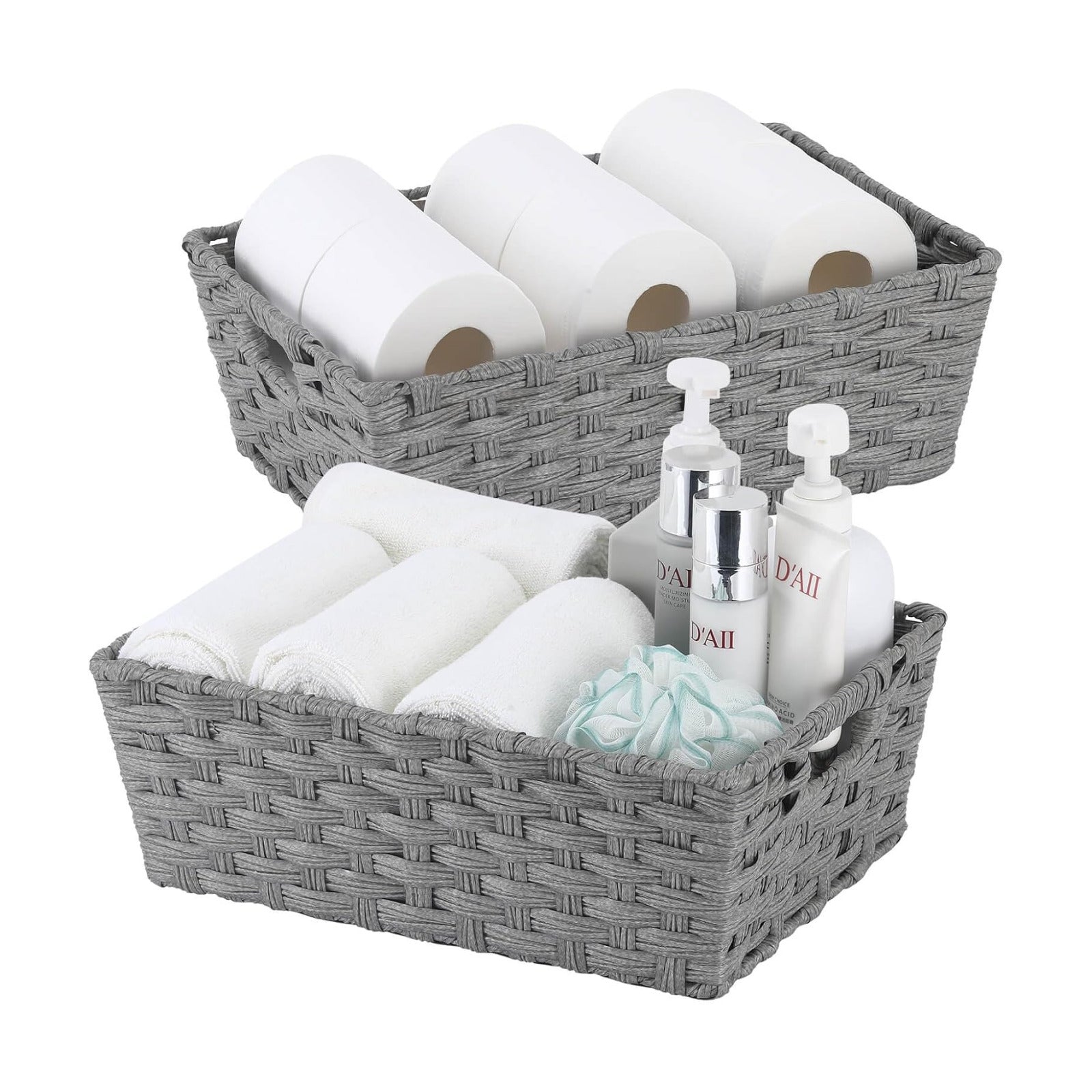 Metal Frame / Large Wicker Storage Basket / 15 x 10.3 x 5.2 / Grey / Set of 2