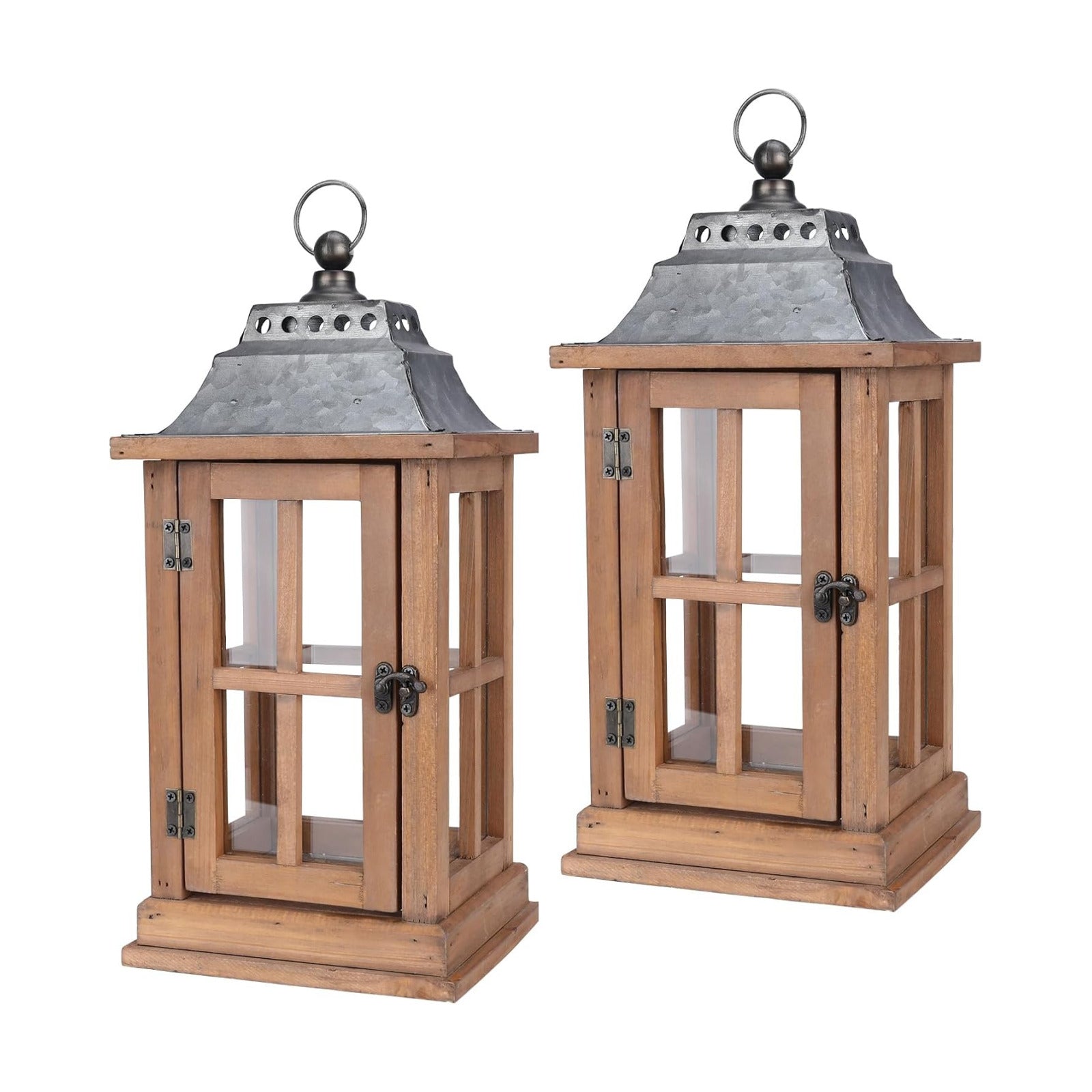 Bdor 15 Inch Outdoor Decorative Lanterns, Set of 2 Wooden Candle Lanterns | Tempered glass, galvanized tops, decorative
