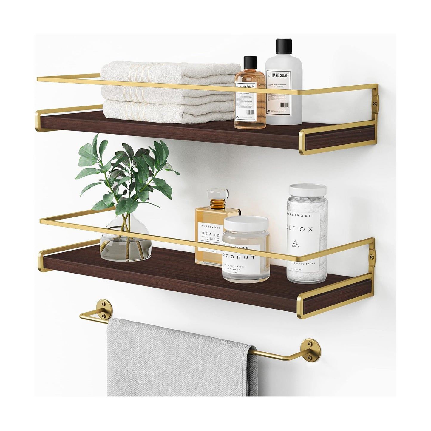 Floating Shelves Bathroom Shelves Over Toilet Set of 2, Bathroom Wall Shelves with Towel Bar, Wall Mounted Vanity Shelf