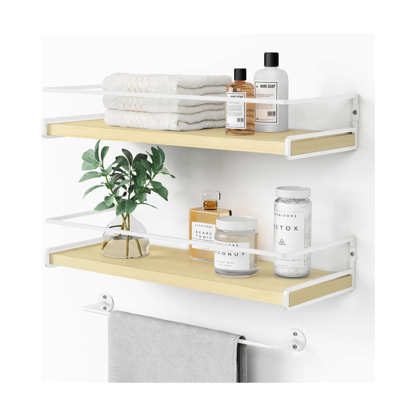 Forbena Floating Shelves for Wall with Rail, White and Natural Wood Nursery Book Shelves for Baby Girls Boys Kids Room