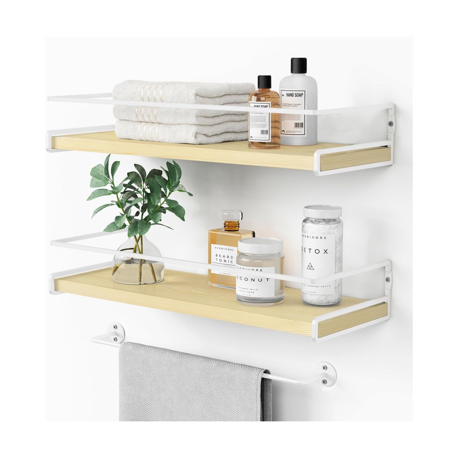 Forbena Floating Shelves for Wall with Rail, White and Natural Wood Nursery Book Shelves for Baby Girls Boys Kids Room