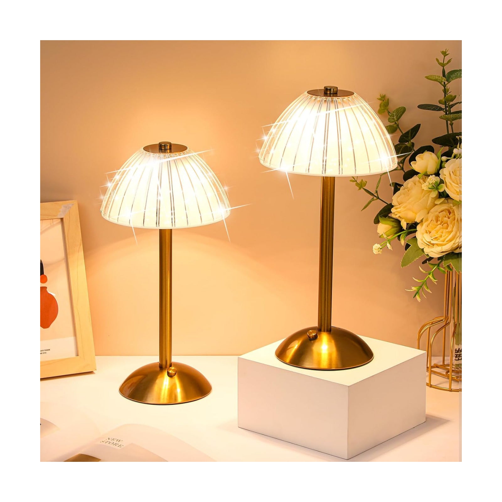 Liliful 2 Pcs Cordless Table Lamp LED Touch,Gold,Mushroom Style | 3 Color Dimmable Touch, USB-C Battery Operated