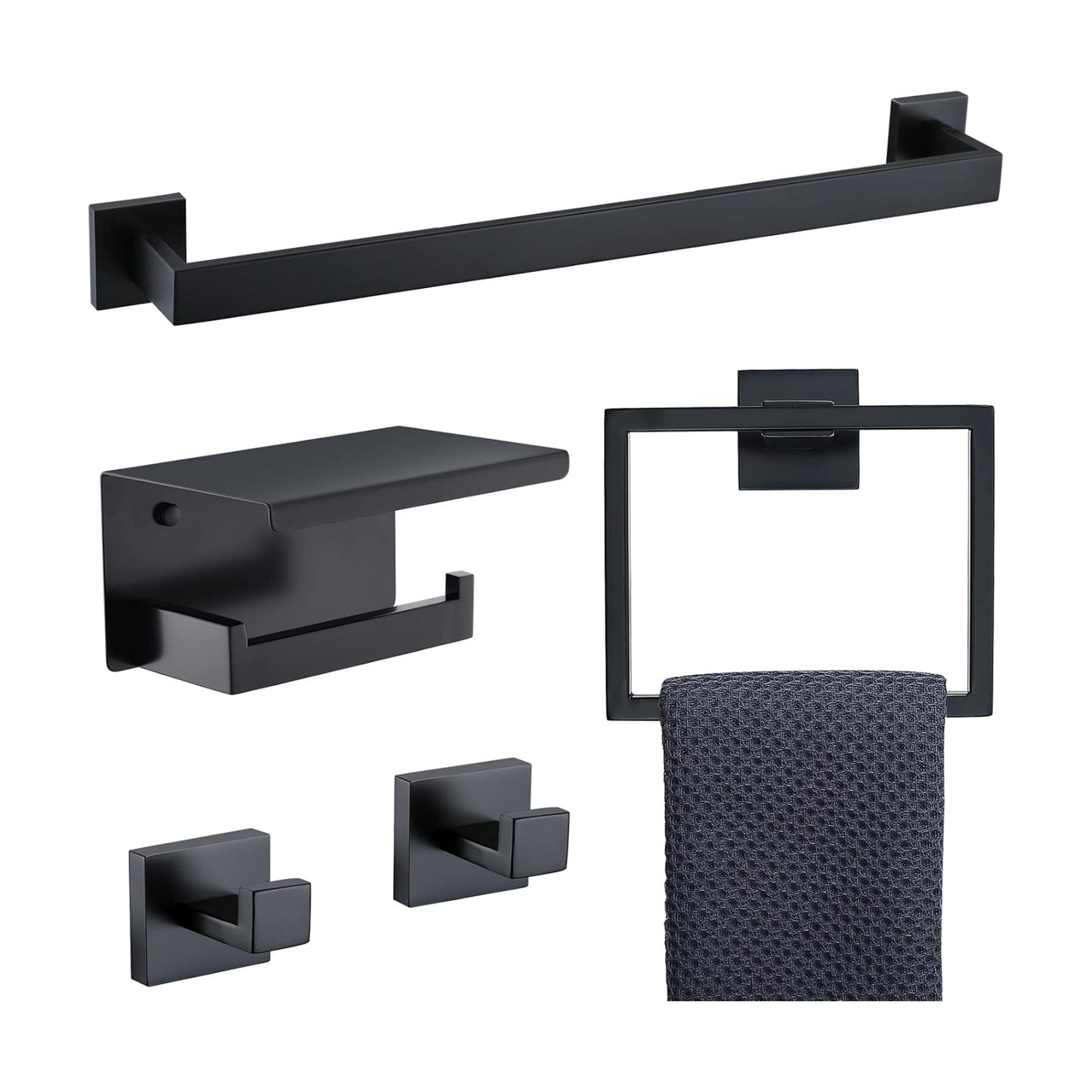 Black Towel Bar Set 5-Piece Bathroom Hardware Set Including 23.6 Inch Towel Bar,Towel Ring Towel Hook and Toilet Paper