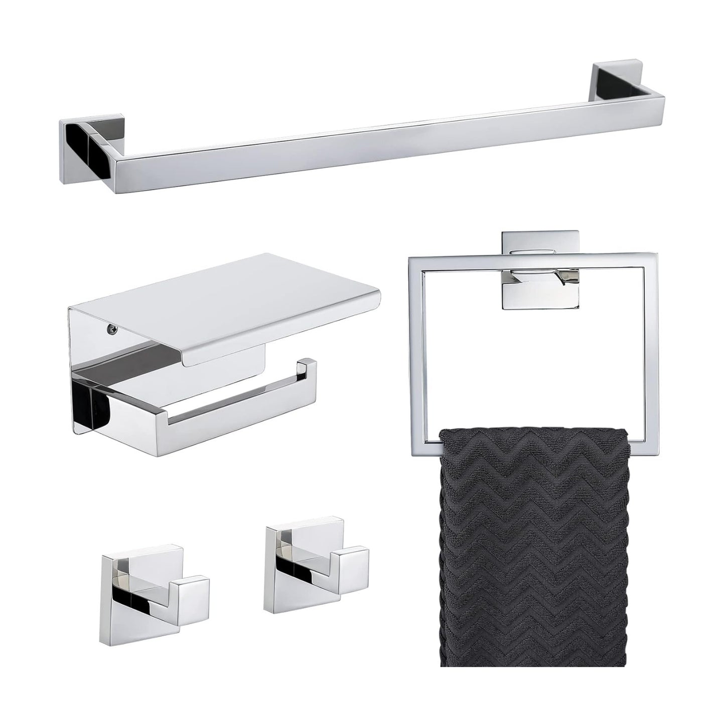 Bathroom Towel Bar Set Toilet Paper Holder with Shelf, Polished Chrome Bathroom Accessories Set, 23.6 Inch Towel Bar